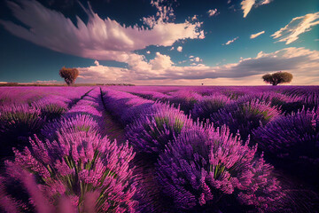 Wall Mural - Large lavender field, green plantation eco farm, sunset sunlight, summer flowering field. Generative AI