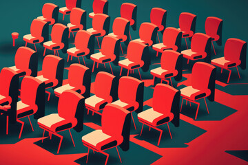 Poster - red chairs rows in conference hall. Generative AI