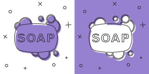 Canvas Print - Set Bar of soap icon isolated on white and purple background. Soap bar with bubbles. Vector