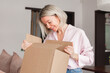 © Tatyana Gladskih - woman sitting on couch at home opening carton box received parcel package