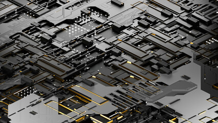 High-quality, orthographic 3D render of a futuristic computer motherboard in sleek white, black, and gold. Perfect for tech blogs, presentations, landing page background.