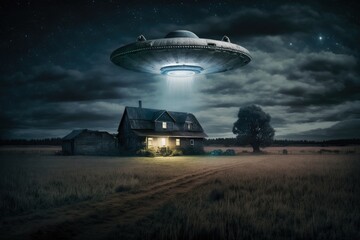 Flying saucer flying over farm at night, alien ship in farm, digital illustration, AI