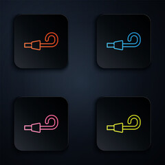 Sticker - Color neon line Birthday party horn icon isolated on black background. Set icons in square buttons. Vector