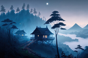 Wall Mural - Cabins, shelters and stars at morning, Baan JABO Mae Hong Son, Baan JABO one of the most amazing Mist in Thailand. Generative AI