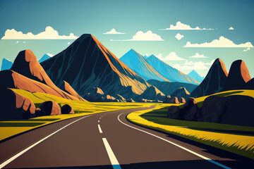 Poster - Asphalt road without any traffic and a green mountain landscape with a blue sky. Background of mountains and a road. Generative AI