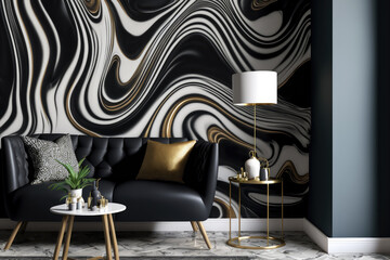 Wall Mural - Background with a black marble ink texture and acrylic painted waves. Wallpaper and opulent wall tiles both feature patterns. Generative AI