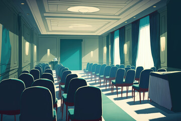 Poster - Interior of empty conference hall with blue velvet chairs with small desks for writing notes. Generative AI