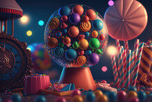3D Composite Candy-Filled Carnival With Games. Generative AI