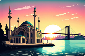 Wall Mural - Ortakoy Mosque and Bosphorus bridge in Istanbul at sunrise, Turkey. Generative AI