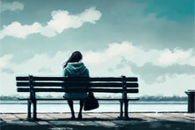 Young Woman Sitting On A Bench Against Beautiful Sky , Digital Art Style, Illustration Painting, Fantasy Concept Of A Young Woman Sitting On A Bench