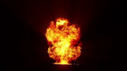Impressive intense explosion on a black background. Dynamic composition of a detonating bright colorful explosion, shock wave and puffs of smoke filling the space
