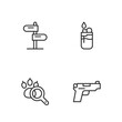 © Iryna - Set line Pistol or gun, Paw search, Road traffic sign and Lighter icon. Vector