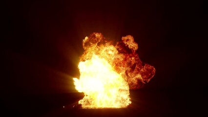Impressive intense explosion on a black background. Dynamic composition of a detonating bright colorful explosion, shock wave and puffs of smoke filling the space
