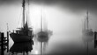 © Anna - a black and white photo of boats in the water on a foggy day with the sun shining through the fog and the water reflecting off the water.  generative ai