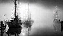  A Black And White Photo Of Boats In The Water On A Foggy Day With The Sun Shining Through The Fog And The Water Reflecting Off The Water.  Generative Ai