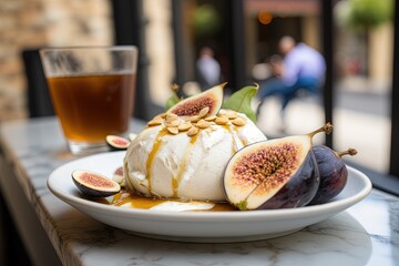 Poster -  a plate of food on a table with a glass of tea and a drink on the table in the back ground of a restaurant with people walking in the background.  generative ai