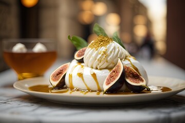 Poster -  a plate with a dessert on it and a glass of tea in the backgroung behind it on a table with a marble surface.  generative ai