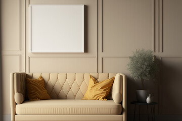 a warm toned mockup of a cream colored wall with a gray sofa and little adornment. Generative AI