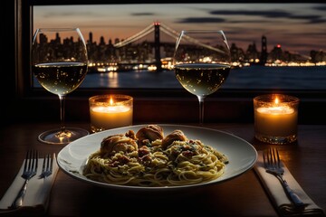 Sticker -  a plate of pasta with a view of a bridge in the background and candles on a table in front of a window with a view of the city.  generative ai