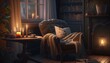  a chair with a blanket on it in a room with a fire place and bookshelf in the corner and a lit candle in the corner.  generative ai