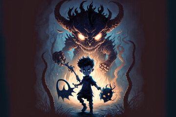 Dark fantasy graphic artwork with a boy holding a torch and fighting smoke demons with demonic horns. Generative AI