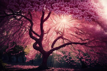A Pink Cherry Blossom Tree With Sunlight Filtering Through Its Branches, Generative Ai