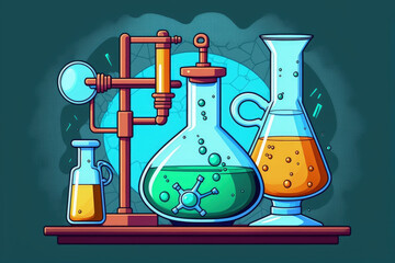 Wall Mural - equipment for flasks and glasses in a chemistry scientific lab with a blue banner background. genera