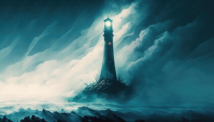 Poster -  a painting of a lighthouse in the middle of the ocean with a light on it's head and a cloudy sky above it,.  generative ai