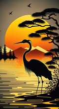 A Majestic Heron Illustration In A Japanese Style With The Sun In The Background, Generative Ai Technology