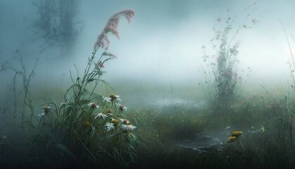 Sticker -  a painting of a foggy field with wildflowers in the foreground and a stream running through the middle of the field, with a few wildflowers in the foreground.  generative ai