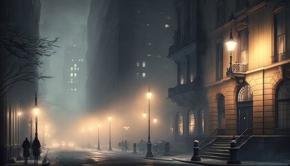 Wall Mural - a city street at night with fog and street lights on the buildings and people walking down the stree