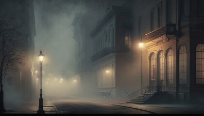 Poster - a foggy street at night with a lamp post in the foreground and a building on the far side of the str