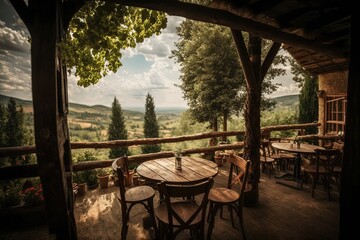 Sticker -  a table and chairs on a porch with a view of a valley in the distance and a tree in the foreground with a few clouds in the sky.  generative ai