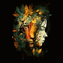 Illustration Of Beautiful Woman And Tiger Face  With Tropical Leaf And Butterfly On Head. Vector For T-shirt Design Print. Vector Illustration