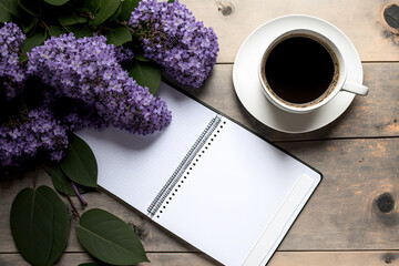 Poster - Beautiful branch of white and violet lilac flowers with an open notepad and a black laptop on a white hardwood background while holding a cup of tea in a mock up flat top view. Generative AI