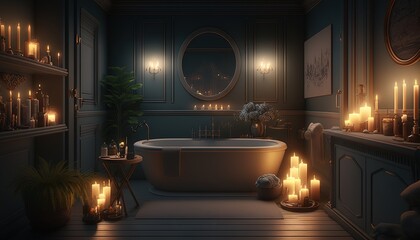 Canvas Print -  a bathroom with a tub filled with candles next to a window with a round mirror on the wall and a potted plant in the corner.  generative ai