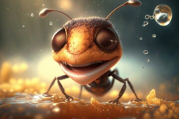 Wall Mural -  a cartoon bug with eyes and a smile on it's face, standing in the water with bubbles around it, with a dark background of gold leaves and bubbles.  generative ai