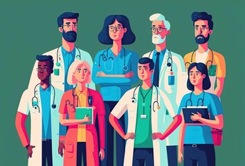 cartoon illustration, hospital team with doctors and nurses in uniform, ai generative