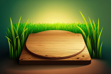 Wall Mural - Brown wooden table board empty on Beautiful Organic green paddy field. Generative AI