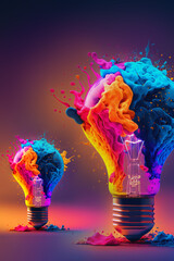 Wall Mural - a colorful glowing idea bulb lamp, visualization of brainstorming, bright idea and creative thinking