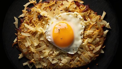 Poster -  a plate of food with an egg on top of shredded cheese on a black plate with a black spoon on the side of the plate.  generative ai