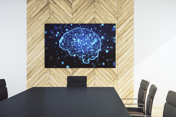 Poster - Creative artificial Intelligence concept with human brain hologram on presentation screen in a modern conference room. 3D Rendering