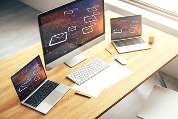 Poster - Modern computer monitor with postal envelopes hologram. Electronic mail and spam concept. 3D Rendering