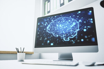 Poster - Modern computer monitor with creative artificial Intelligence symbol. Neural networks and machine learning concept. 3D Rendering