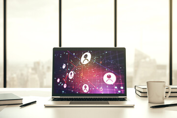 Poster - Modern computer display with social network icons concept. Networking concept. 3D Rendering