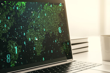 Poster - Modern computer display with abstract programming language hologram and world map, artificial intelligence and neural networks concept. 3D Rendering