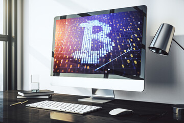 Poster - Modern computer monitor with creative Bitcoin symbol. Cryptocurrency concept. 3D Rendering