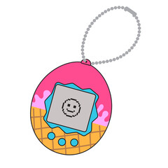 Retro digital pocket pet game. Egg shape vintage toy with screen display, chain and buttons. Japanese classic game from 90s. Nostalgia stuff from 2000s