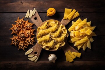 Poster -  a wooden cutting board topped with lots of pasta and other food items on top of a wooden table next to a knife and a bowl of pasta.  generative ai