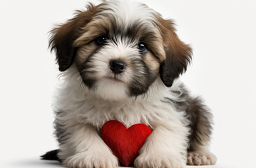 Canvas Print - An adorable puppy havanese dog wearing a red heart on a white background. Generative AI